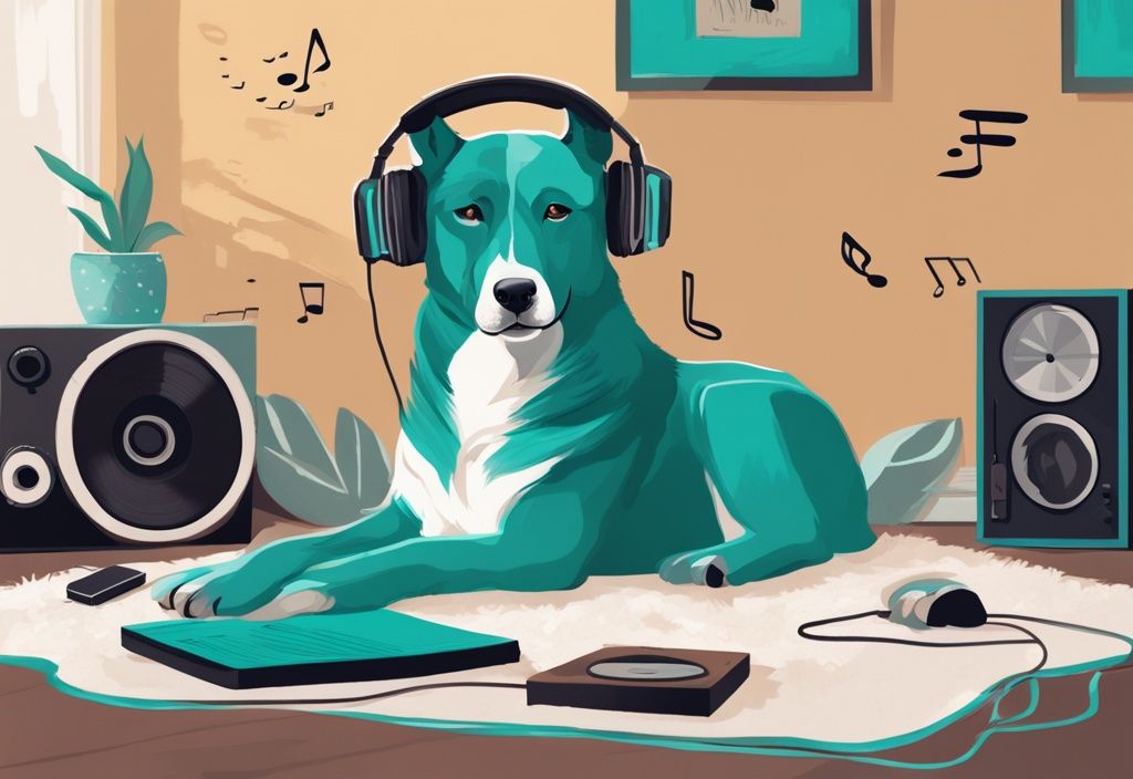 Moderner digitaler Gemälde-Illustration eines entspannten Hundes auf einem weichen Teppich mit Kopfhörern, einem Plattenspieler in der Nähe und sichtbaren schwebenden Musiknoten, Beruhigungsmusik für Hunde.