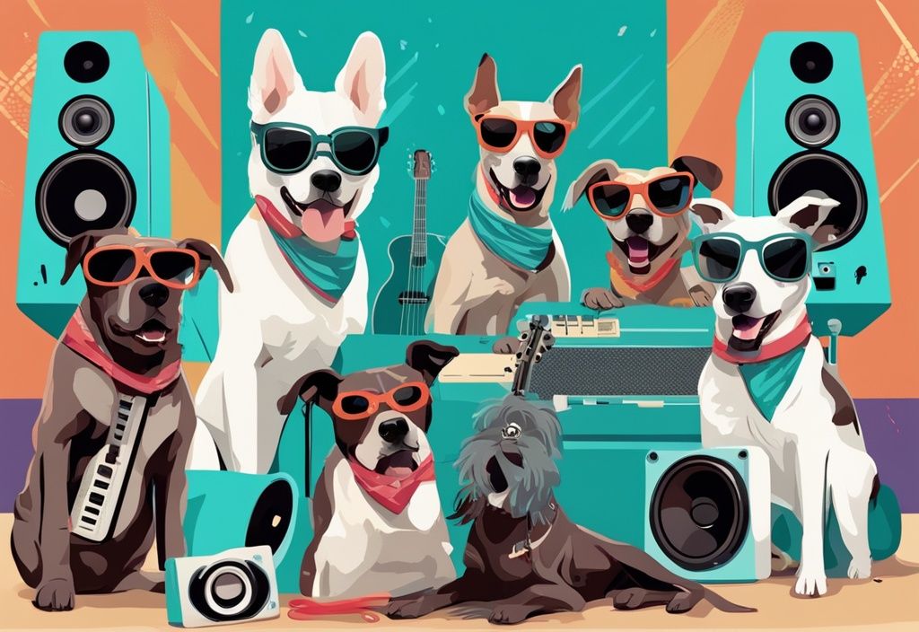 Moderne digitale Malerei von Hunden verschiedener Rassen mit Bandanas und Sonnenbrillen, die auf Musikinstrumenten bei einem Outdoor-Festival mit großen Lautsprechern spielen, Hauptfarbthema Teal.