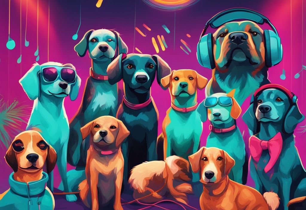 Moderne digitale Malerei mit Hunden, die Kopfhörer tragen und auf laute Musik in einer bunten Disco reagieren.