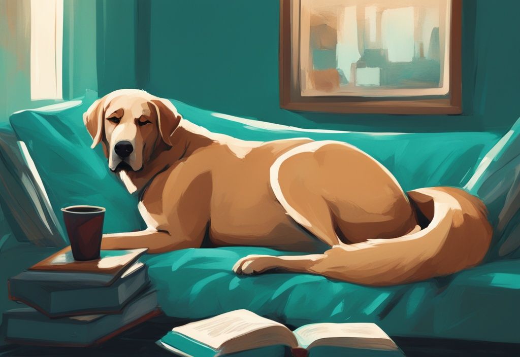 Moderne digitale Malerei, große bequeme Hundebett, Mensch liest glücklich ein Buch, Hauptfarbe Teal