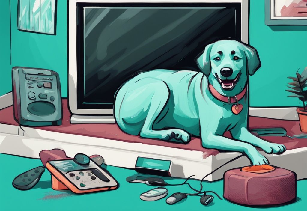 Enthusiastischer Hund knabbert glücklich an Haushaltsgegenständen wie Schuh, Kissen und TV-Fernbedienung, moderne digitale Malerei in Teal.