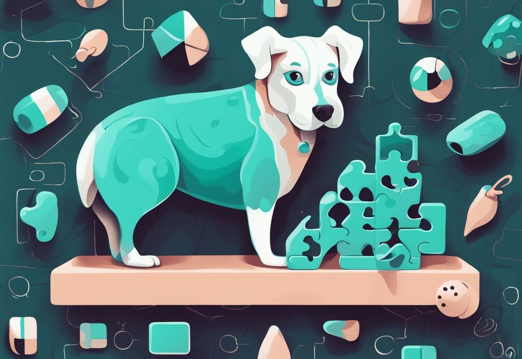 Interaktives Hundespielzeug, moderner digitaler Kunststil, spielender Hund, Gehirnspiele für Hunde, Hauptfarbe Türkis