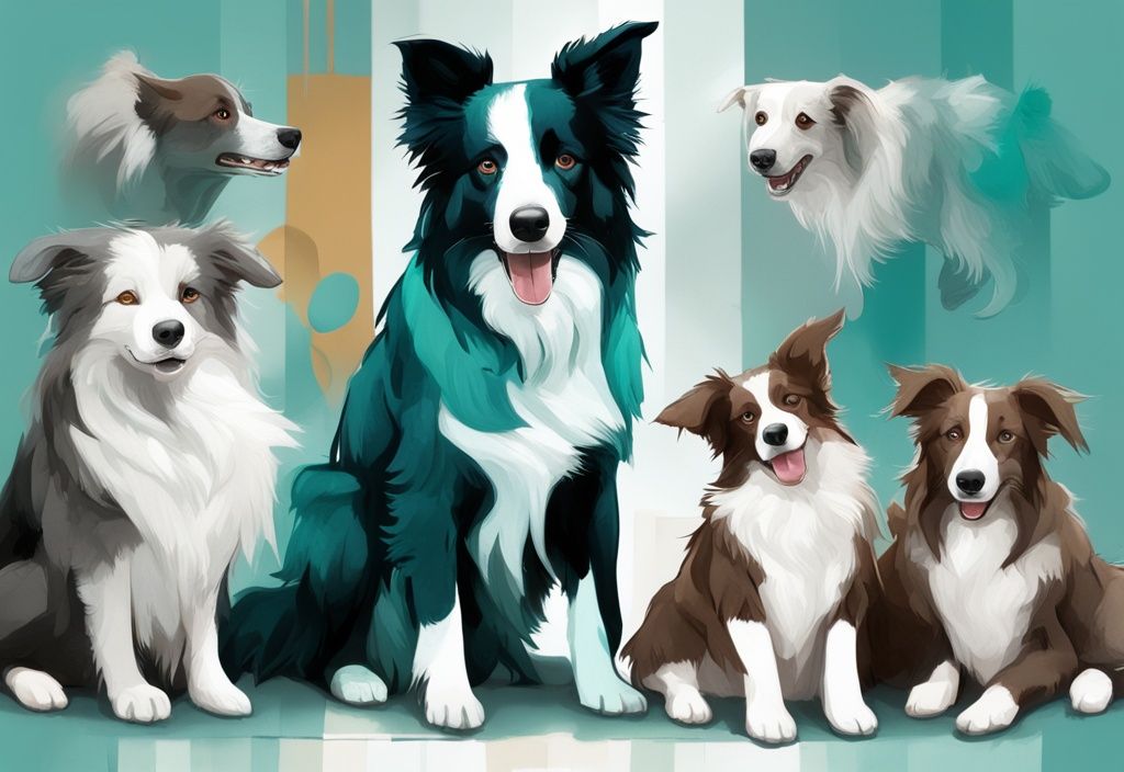 Moderne digitale Illustration eines Border Collie-Lebenszyklus in Teal, von einem spielerischen Welpen bis zu einem alten Senior, zeigt "wie alt werden Border Collies".