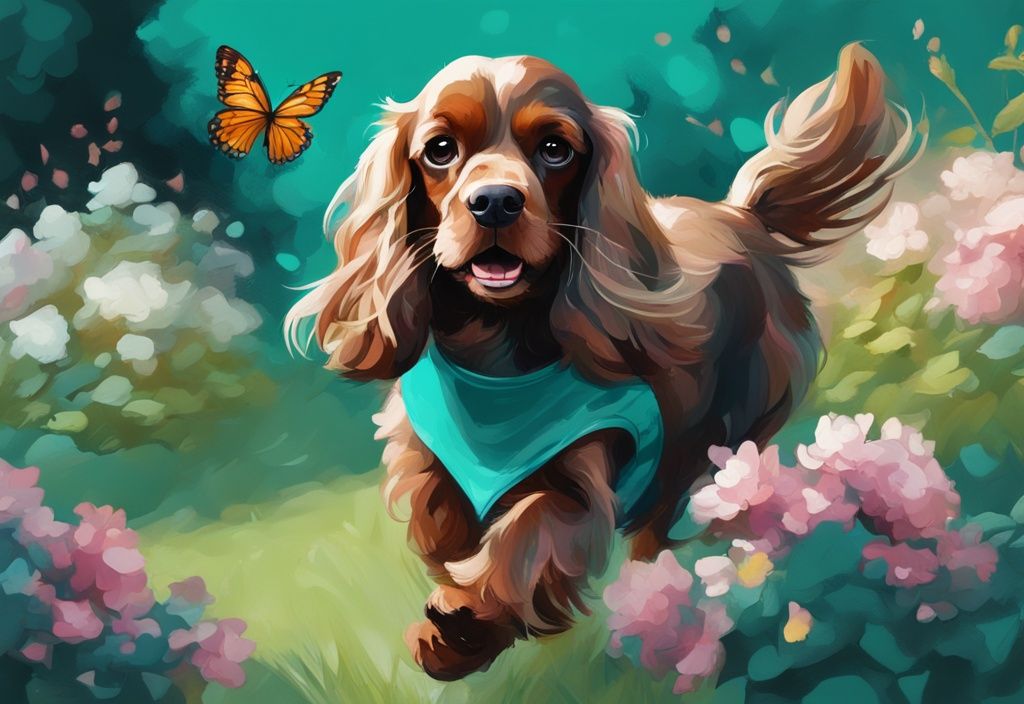 Zwerg-Cocker-Spaniel jagt spielerisch einen Schmetterling in einem blühenden Garten, moderne digitale Malerei, Hauptfarbe Türkis.