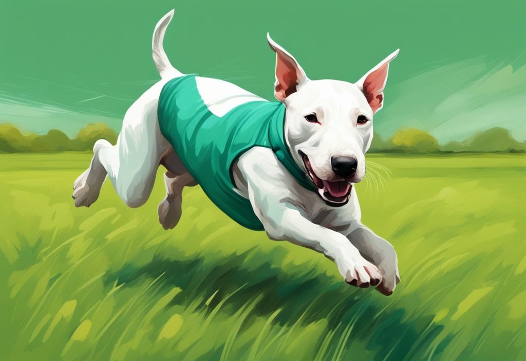 Energiegeladener American Bull Terrier spielt mit Spielzeug auf einem offenen grünen Feld, moderne digitale Malerei, Hauptfarbe Teal