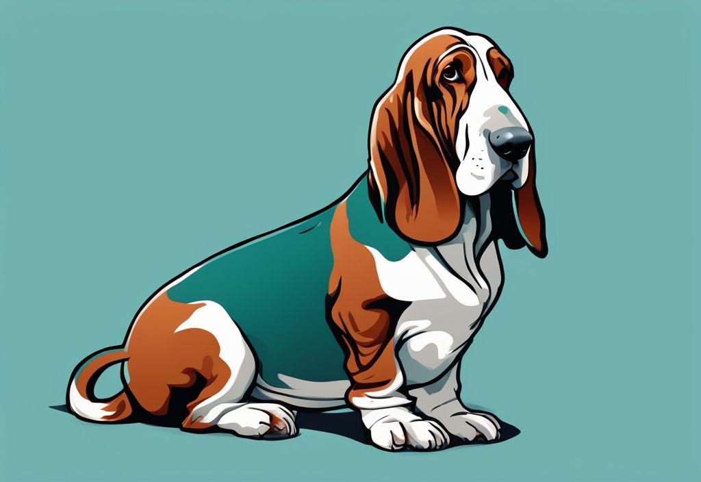 Moderne digitale Malerei eines Basset Hounds mit langen Schlappohren, kurzen Beinen und knorrigen Pfoten in lebensnaher Darstellung, Hauptfarbe Teal, zeigt sanften, freundlichen und entspannten Charakter.