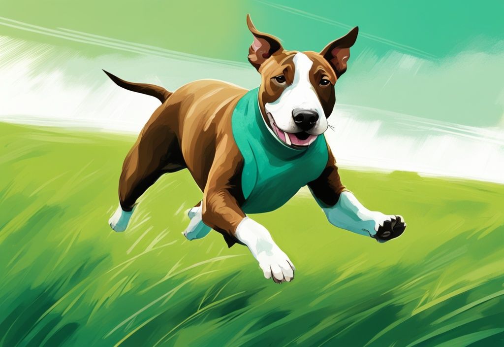 Energischer American Bull Terrier spielt auf einem offenen grünen Feld mit einem Spielzeug, moderne digitale Malerei, Hauptfarbthema Teal.