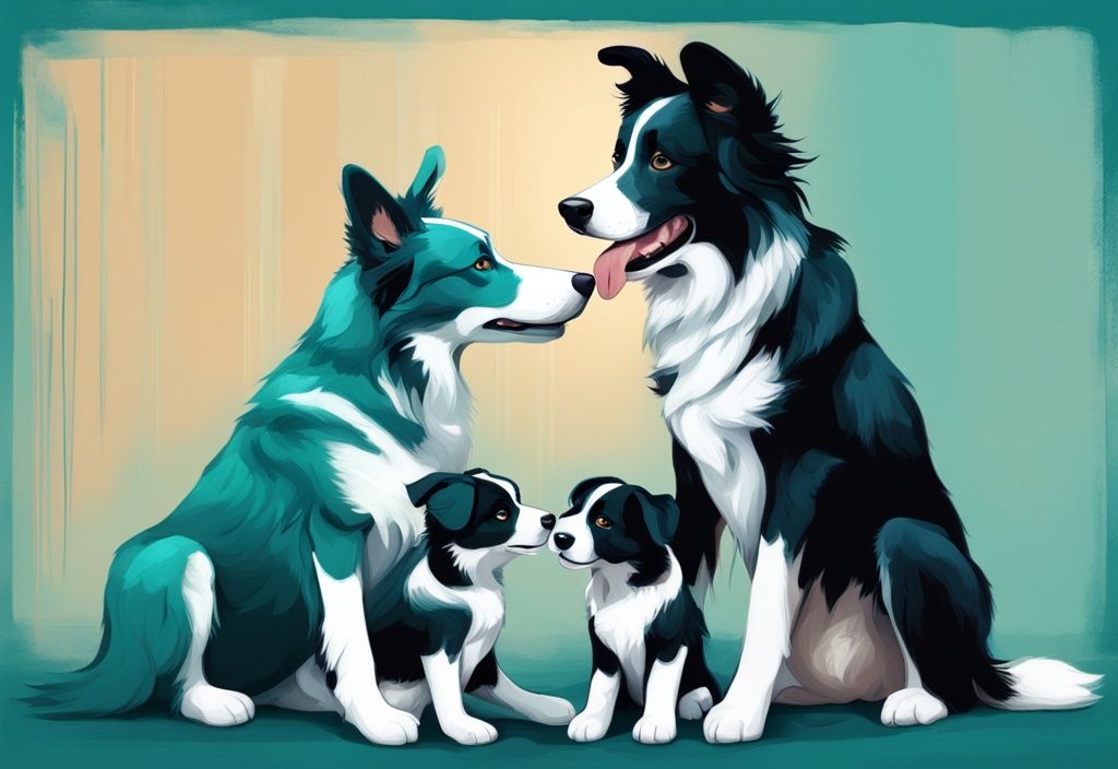 Lebenszyklus eines Border Collies von Welpe bis Senior, digitale Malerei, Hauptfarbe Türkis