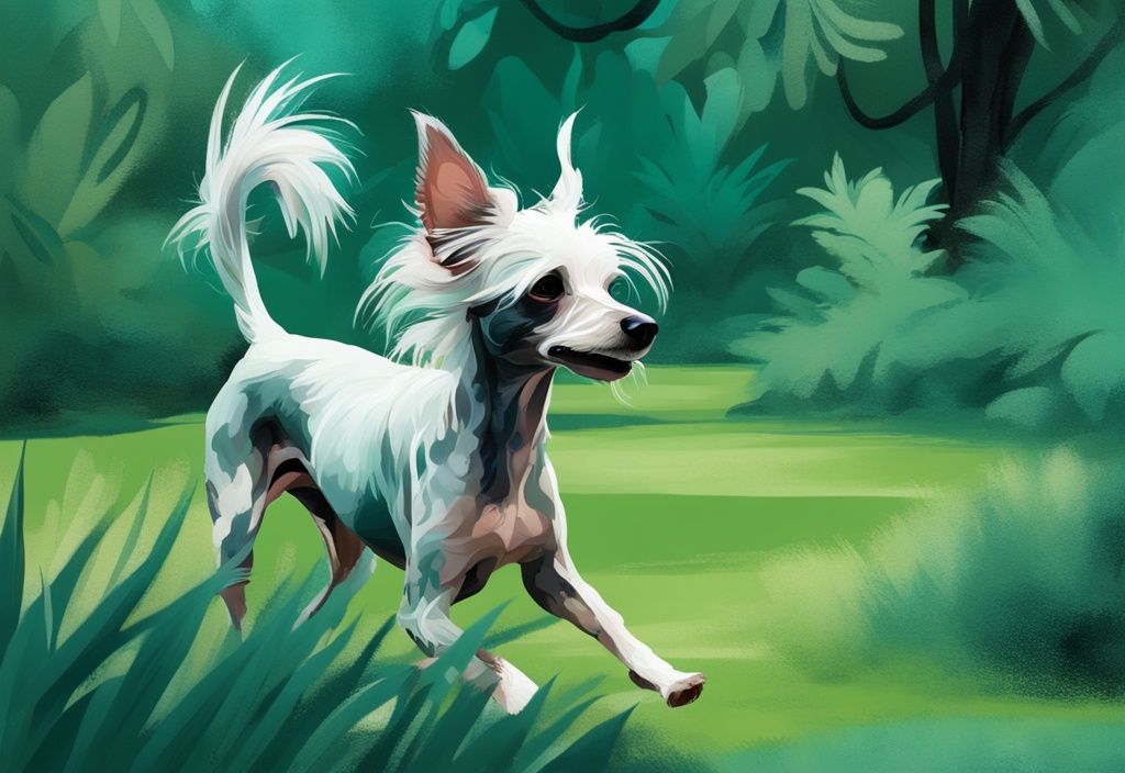 Verspielter chinesischer Schopfhund in einem üppigen grünen Garten, digital gemalt mit modernem Stil und Hauptfarbe Teal.