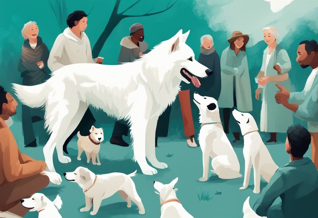 Moderne digitale Illustration eines Berger Blanc Suisse, der fröhlich mit verschiedenen Menschen und Tieren interagiert, was das freundliche und geduldige Berger Blanc Suisse Temperament zeigt, Hauptfarbe Teal.