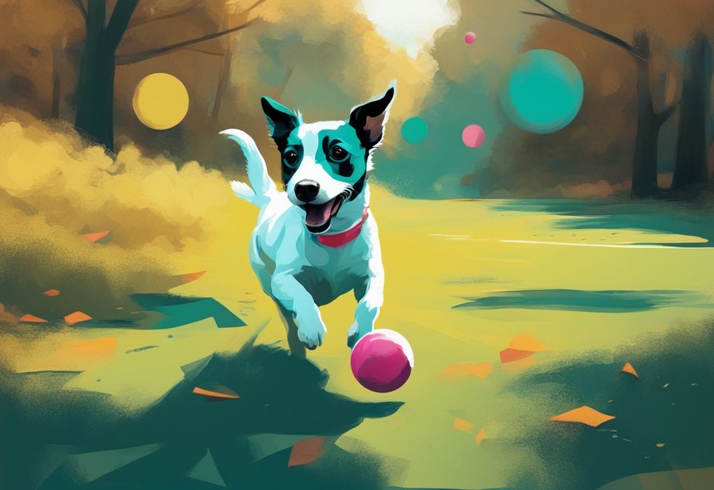 Verspielter Jack Russell Terrier im Park mit einem leuchtend bunten Ball, moderne digitale Malerei, Hauptfarbthema Teal.