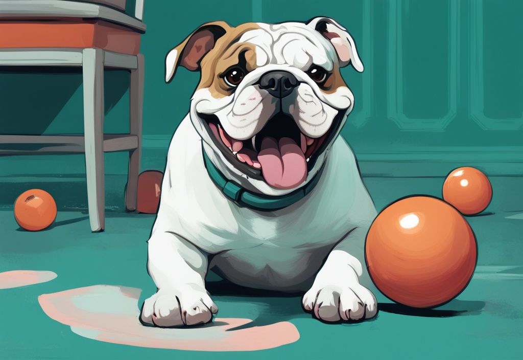 Moderne digitale Illustration in Teal: Englische Bulldogge spielt freudig mit Ball im Vordergrund, Lebensphasen von Welpe bis Erwachsener im Hintergrund dargestellt, englische Bulldogge Lebenserwartung.