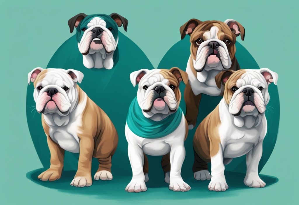 Digitale Illustration eines English Bulldogs in verschiedenen Lebensphasen, von verspieltem Welpen bis zum ruhigen Senior, in einer Zeitleisten-Darstellung mit Hauptfarbthema Türkis.