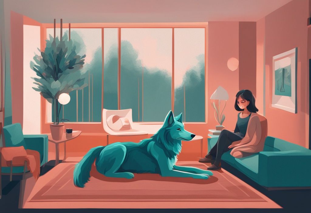 Moderner digitaler Gemäldeillustration eines gepflegten Wolfs, der ruhig in einem modernen Wohnzimmer mit einer Familie sitzt, was eine Atmosphäre von Häuslichkeit und Kameradschaft vermittelt, Hauptfarbe: Teal.