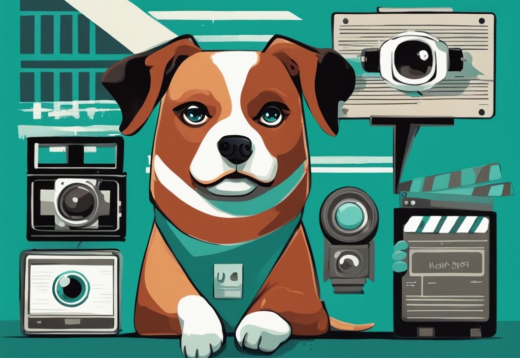 Moderne digitale Illustration in Teal mit mehreren Filmplakaten, die Hunde in heroischen Posen zeigen, mit subtil integrierten Filmkameras und Klappen im Hintergrund. Filme mit Hunden in der Hauptrolle.