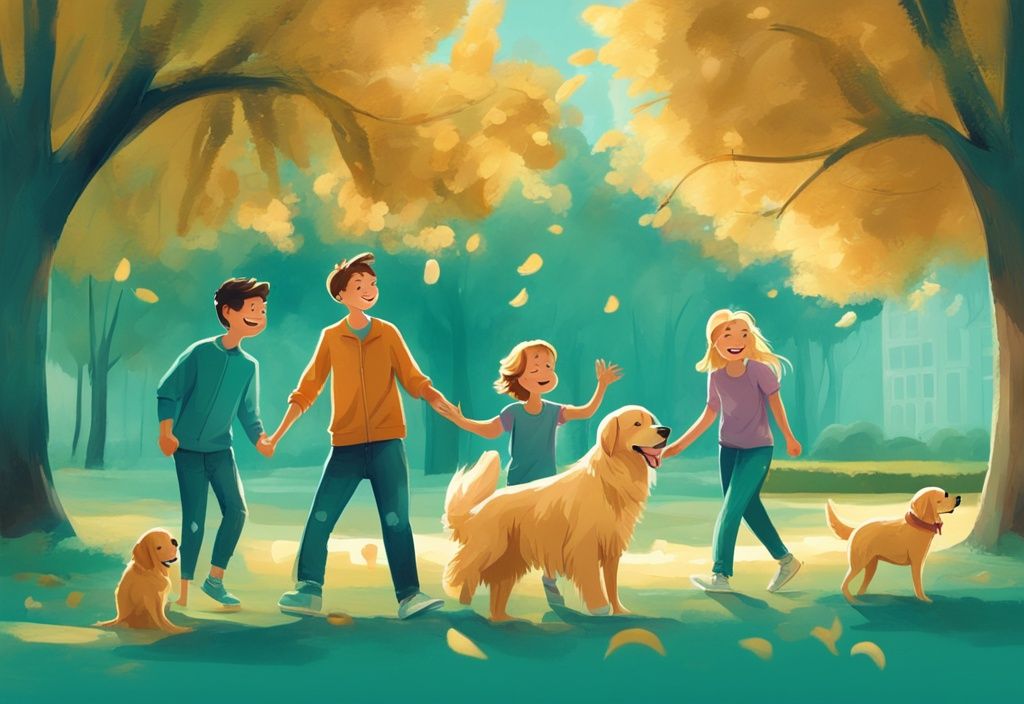 Moderne digitale Malerei einer fröhlichen Familie mit Kindern und einem Golden Retriever Hund im Park, Hauptfarbthema ist Türkis.