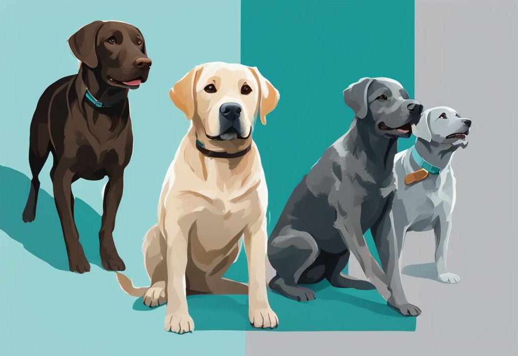 Illustration eines Labrador Retrievers in verschiedenen Lebensphasen von Welpe bis alter Hund, moderne digitale Malerei, Hauptfarbe Teal