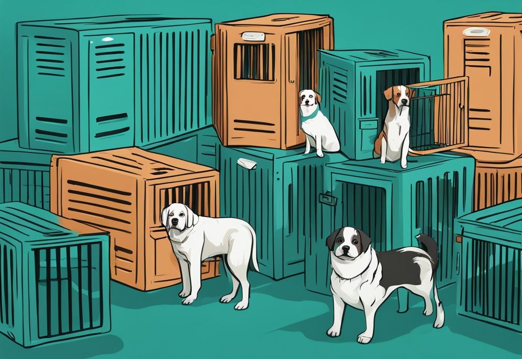 Moderne digitale Illustration mit verschiedenen Hunderassen neben ihren passenden Hundeboxen, Hauptfarbthema ist Türkis.