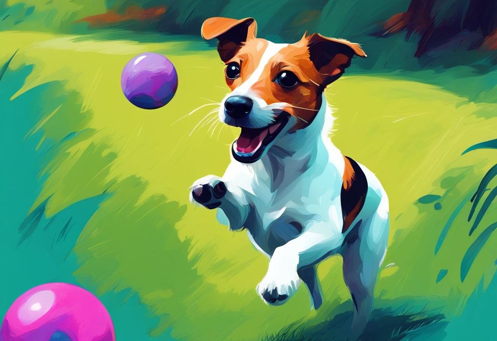 Verspielter Jack Russell Terrier im Park spielt mit einem bunten Ball, modernes digitales Gemälde in Türkis.