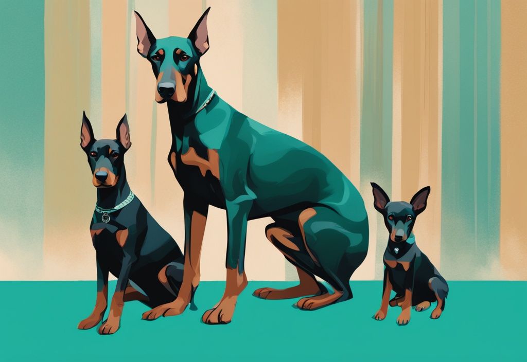 Modernes digitales Gemälde eines Dobermanns in verschiedenen Lebensphasen: Welpe, junger Erwachsener und älterer Dobermann, Hauptfarbthema Teal.