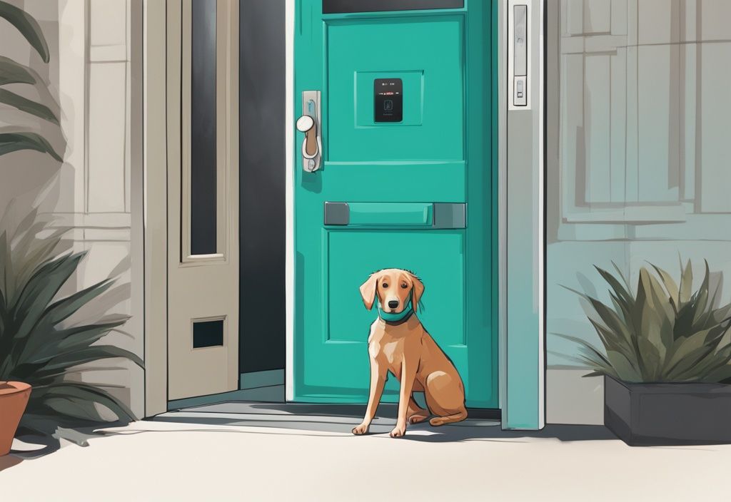 Moderne digitale Malerei eines glücklichen Hundes, der durch eine moderne Hundeklappe mit integriertem Chipsensor in einer Tür geht, Hauptfarbe: Teal.