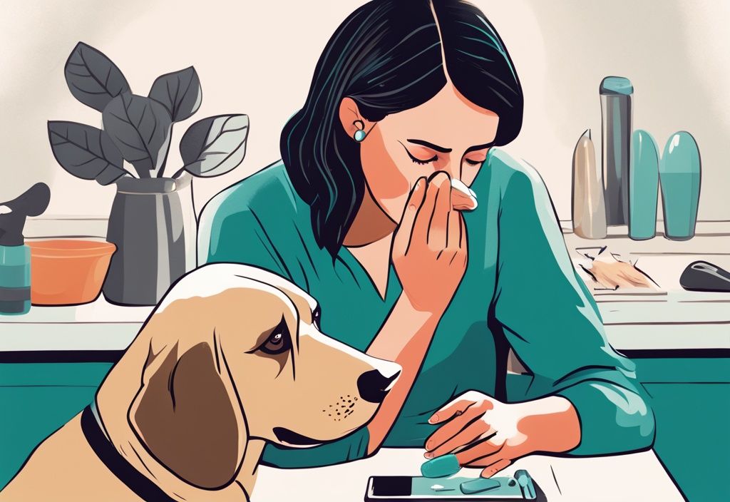 Moderne digitale Illustration einer besorgten Hundebesitzerin, die den Mund ihres Hundes untersucht, mit hervorgehobenen Zahnschmerzen Hund Symptome in der Hauptfarbe Teal.