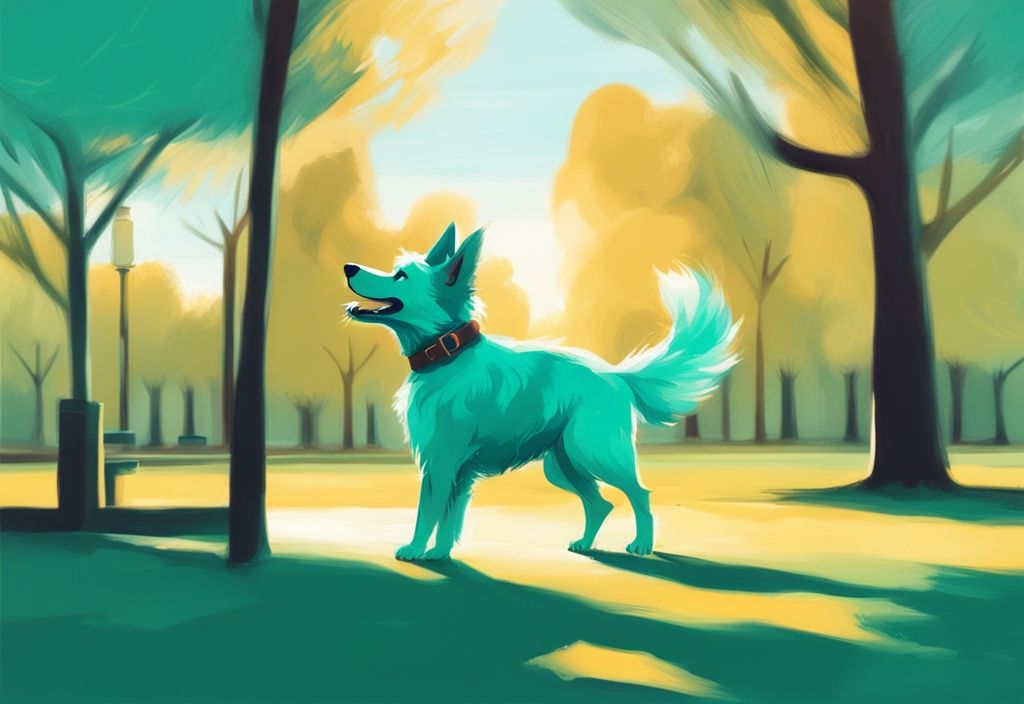 Verspielter Hund mit flauschigem Schwanz im sonnenbeschienenen Park, moderne digitale Malerei in Teal-Farbtönen.