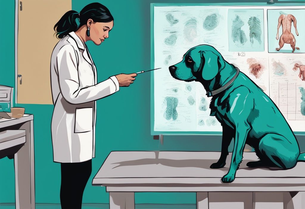 Besorgter Hundebesitzer im Gespräch mit Tierarzt, der auf ein Anatomie-Diagramm des Hundes mit Fokus auf die Blase zeigt, moderne digitale Illustration in Teal.