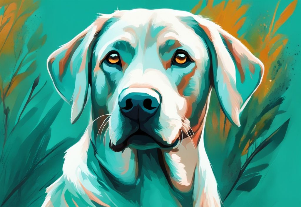 Moderner digitaler Malerei-Illustration eines freundlichen Labrador Retrievers mit angelegten Ohren und aufmerksamem Ausdruck vor einem lebhaften Naturhintergrund in der Hauptfarbe Türkis.