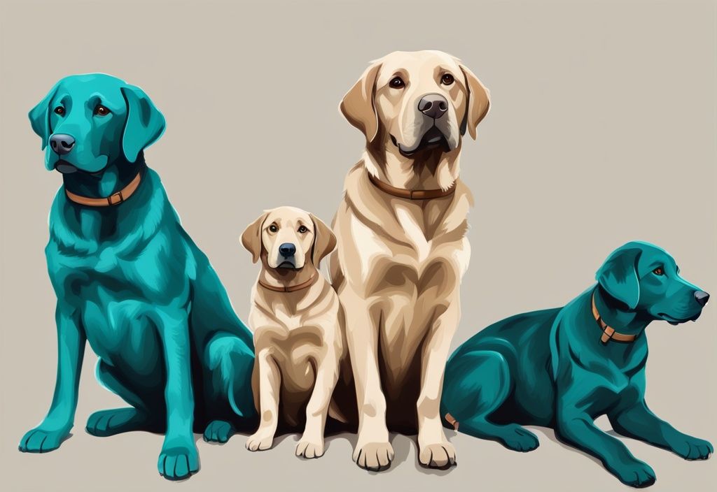 Moderne digitale Malerei eines Labrador Retrievers in verschiedenen Lebensphasen von Welpe bis zum Alter, passend zur Frage "wie alt werden Labradore".