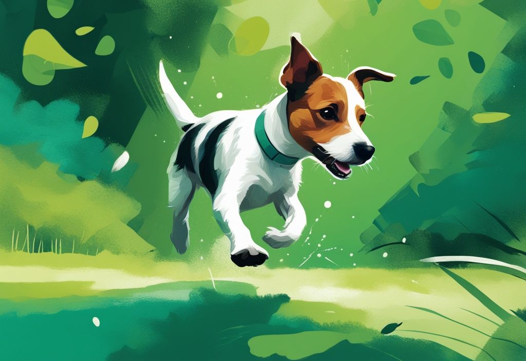 Jack Russell Terrier, Hunderasse mit J, spielt im grünen Park, modernes digitales Gemälde in Türkis.