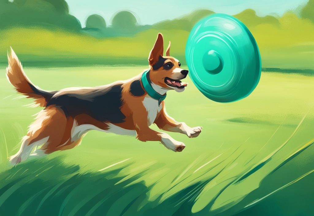 Spielender Hund jagt Frisbee im grünen Park, digitale Illustration in modernen Teal-Tönen