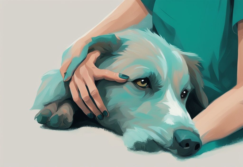 Nahaufnahme eines Hundes, der seine Pfote auf den Arm einer Person legt, zeigt einen Moment der Verbundenheit und Freundschaft. Hauptfarbe: Teal. Hund legt Pfote auf Arm.