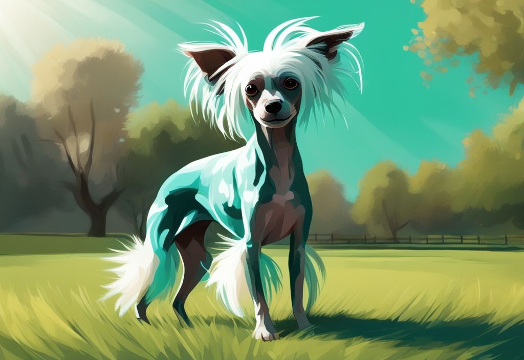 Moderne digitale Malerei eines Chinesischen Schopfhundes in einem grasbewachsenen Park, beleuchtet von der Sonne, Hauptfarbe Teal.