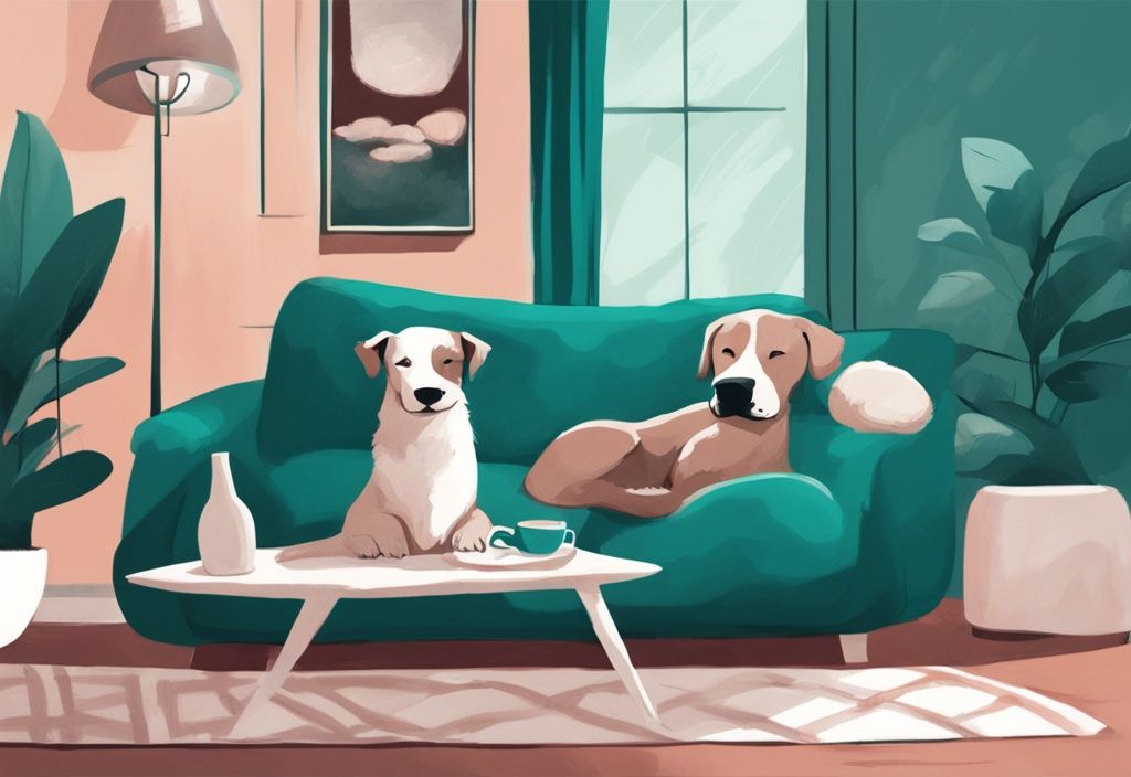 Moderne digitale Illustration eines Hundes und einer Katze auf einem gemütlichen Sofa in spielerischer Interaktion, Hauptfarbe Teal.