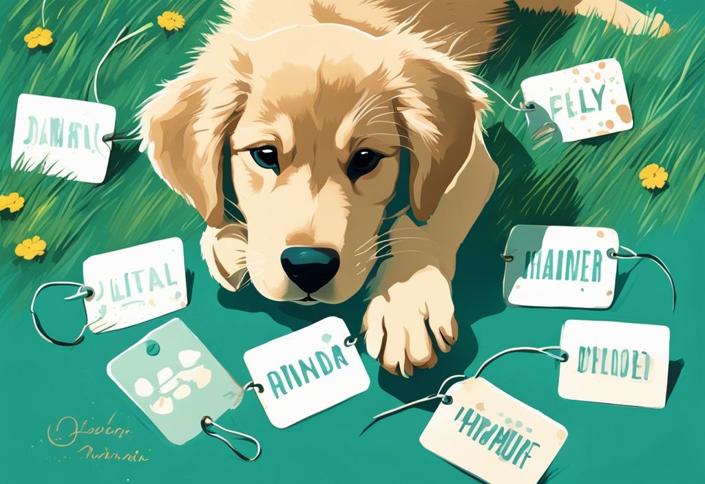 Moderner digitaler Gemäldeillustration eines verspielten Golden Retriever Welpen auf einem Rasen mit verstreuten Namensschildern, jedes mit einem potenziellen Golden Retriever Namen graviert, Hauptfarbthema ist Türkis.