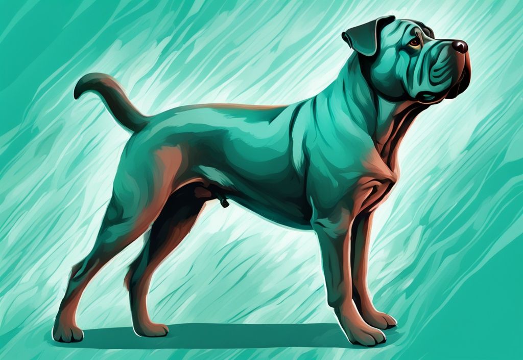 Moderne digitale Illustration eines Shar Pei mit erste Anzeichen HD Hund, in HD-Qualität, zeigt unkoordinierte Bewegungen und Schluckbeschwerden, Hauptfarbe Teal.