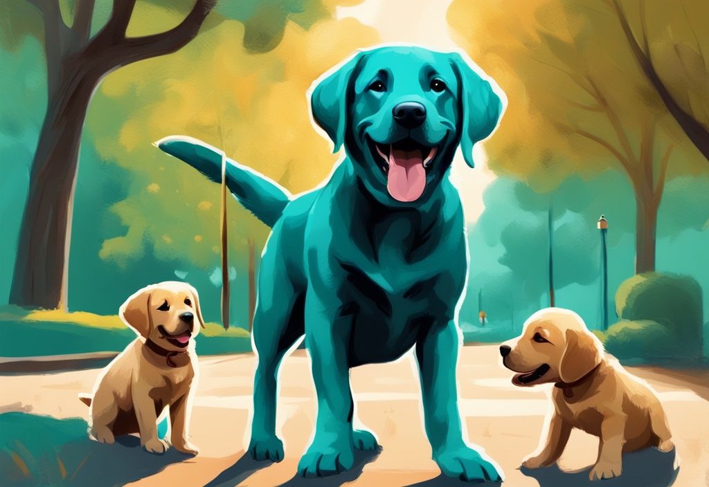 Verspielter Labrador Retriever Welpe mit lachender Familie im sonnigen Park, digitale Illustration in Teal-Farbtönen