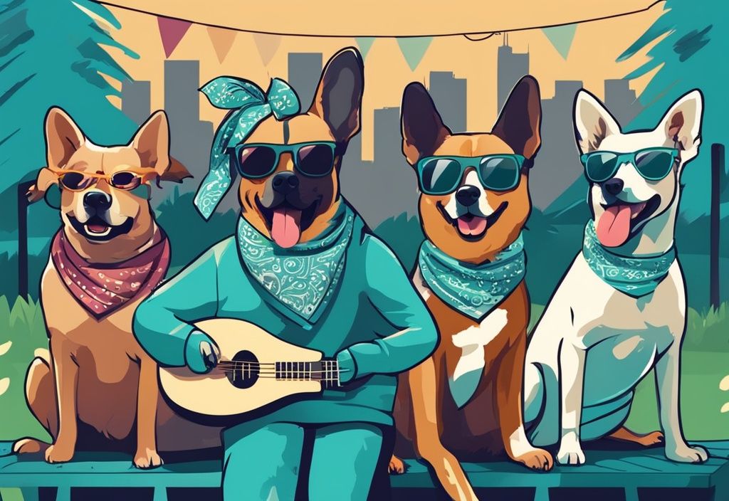 Moderne digitale Malerei von Hunden verschiedener Rassen mit Bandanas und Sonnenbrillen, die auf Musikinstrumenten bei einem Outdoor-Festival spielen, mit großen Lautsprechern, die Schallwellen ausstrahlen, in der Hauptfarbe Türkis.