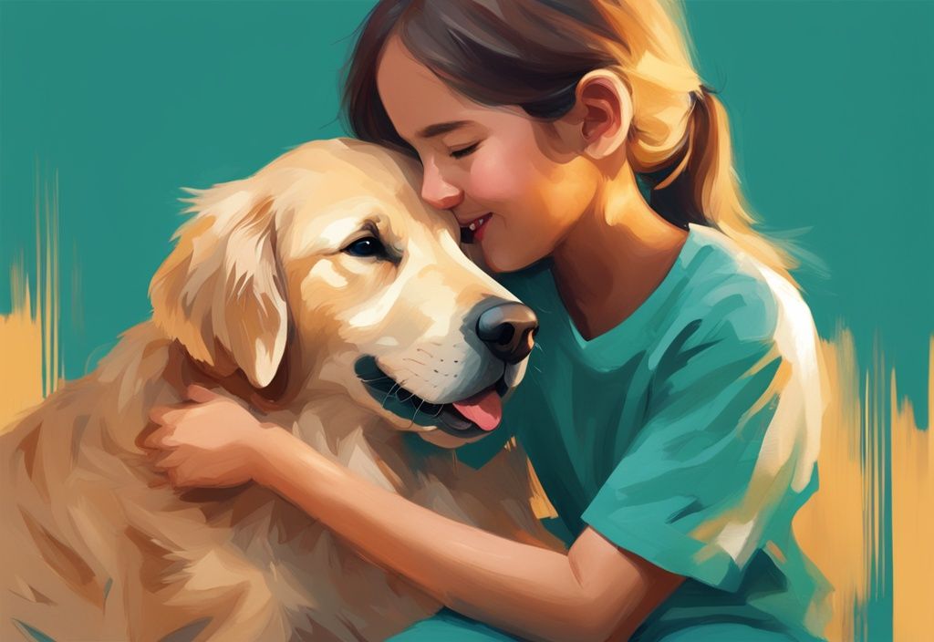 Digitale Illustration eines freundlichen Golden Retrievers, der seine Pfote tröstend auf den Arm eines lächelnden Mädchens legt, mit Hauptfarbthema in Türkis.