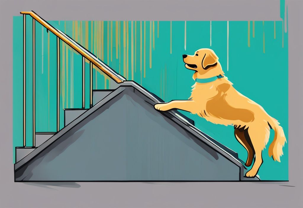 Moderner digitaler Malerei-Illustration eines Golden Retrievers, der schmerzhaft humpelt und Schwierigkeiten hat, Treppen zu steigen, symbolisiert Hüftdysplasie Hund Symptome, Hauptfarbthema ist Türkis.