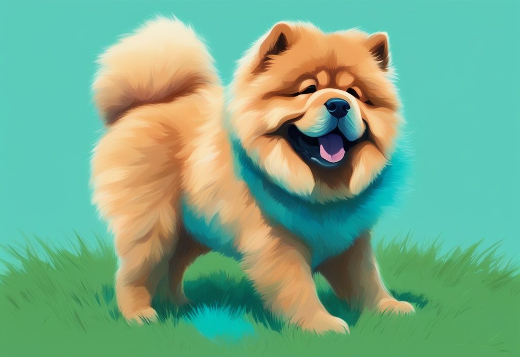 Verspielter Chow-Chow-Hund mit blauer Zunge auf grünem Rasen, digitale Malerei in Teal-Farbtönen