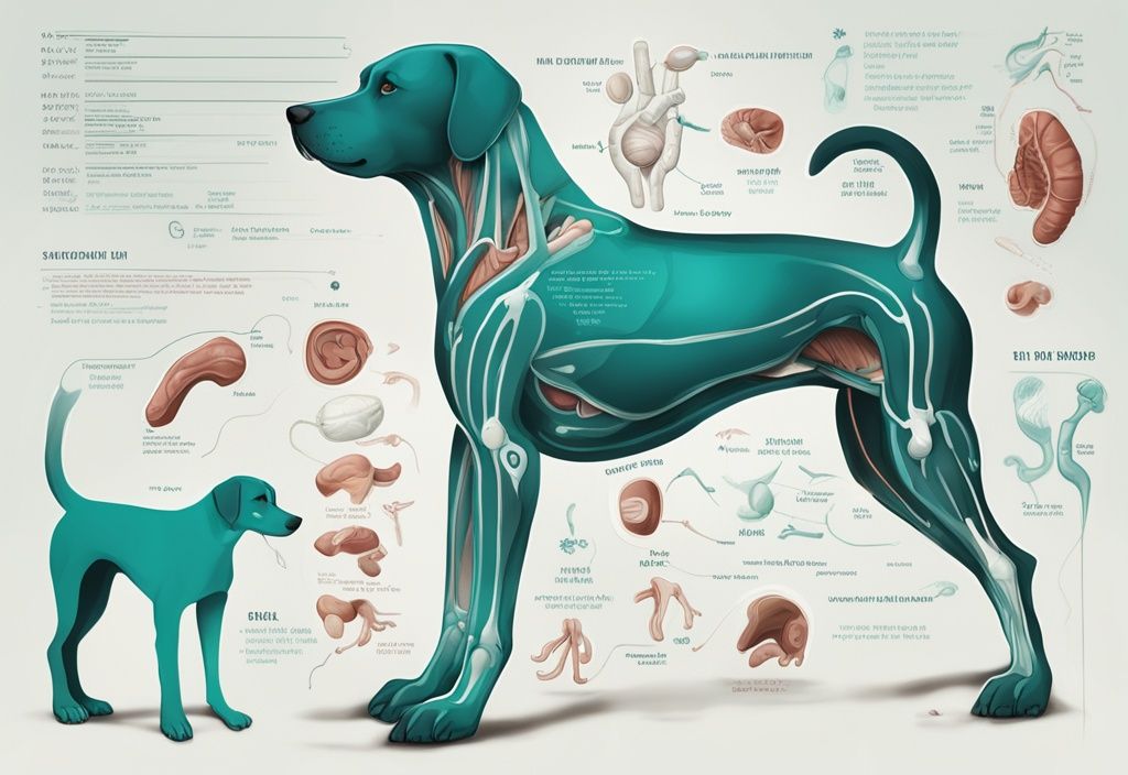 Moderne digitale Illustration eines Hundes in Türkis, detailliertes und beschriftetes Diagramm der Körperteile wie Organe, Knochen und Muskelstrukturen.