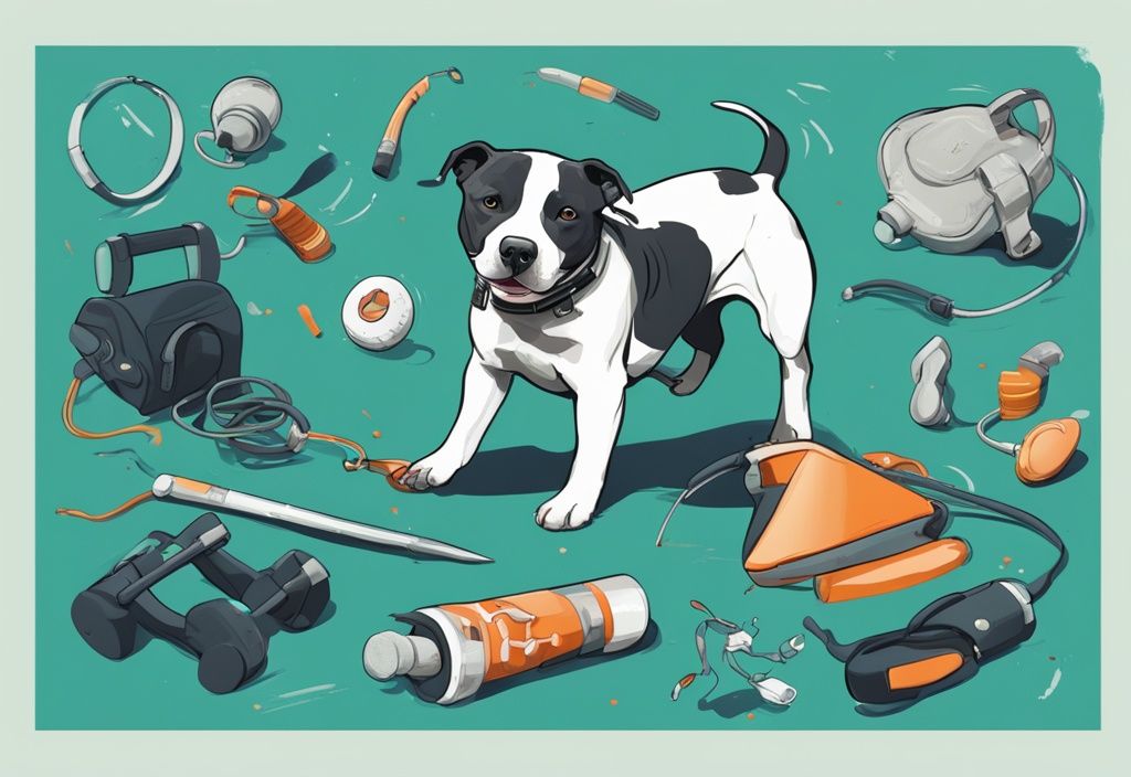 Moderne digitale Illustration eines verspielten Staffordshire Bull Terriers in Teal-Tönen mit Spielzeugen und Trainingsgeräten, die seine hohe Reizschwelle betonen.