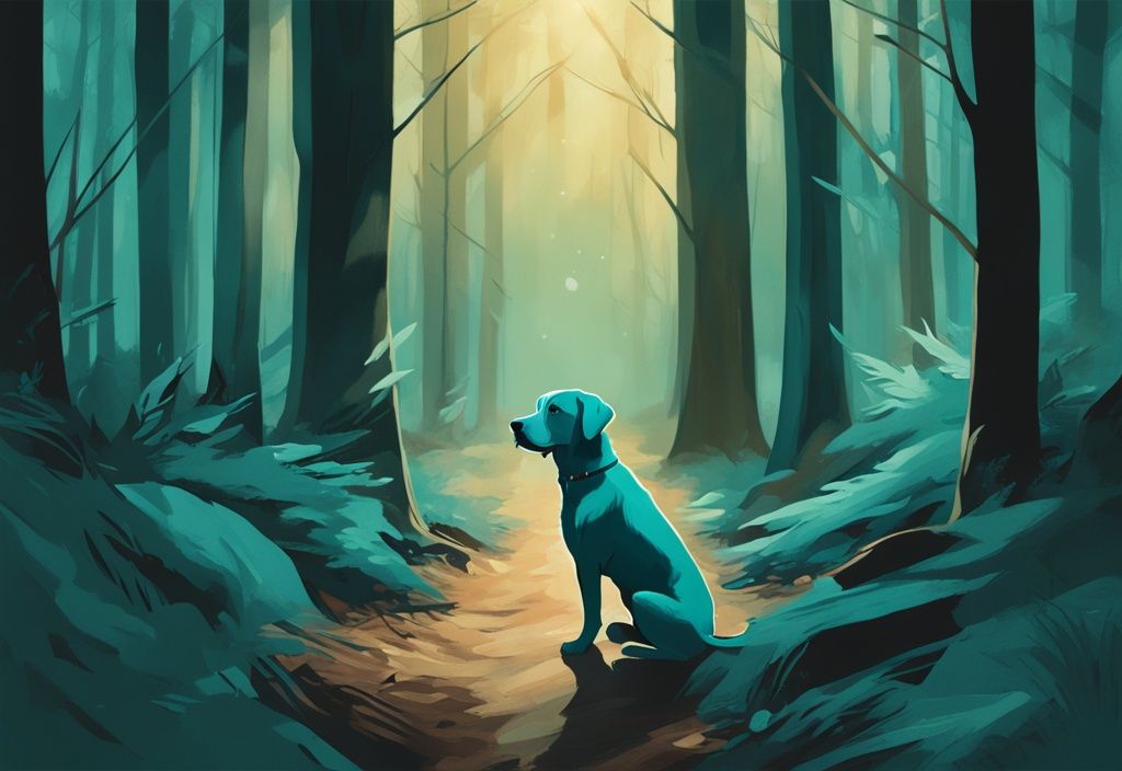 Moderne digitale Malerei eines Labrador Retrievers, der selbstbewusst durch einen dunklen Wald navigiert, was die Frage "können Hunde im Dunkeln sehen" thematisiert.