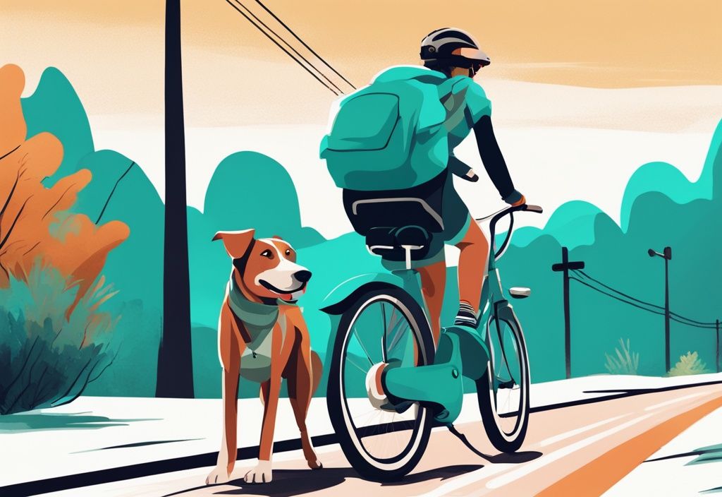 Moderne digitale Malerei eines fröhlichen Radfahrers auf einem Fahrradweg, der neben seinem energiegeladenen Hund fährt, der mit einer Leine am Fahrrad befestigt ist; Hauptfarbthema: Türkis.