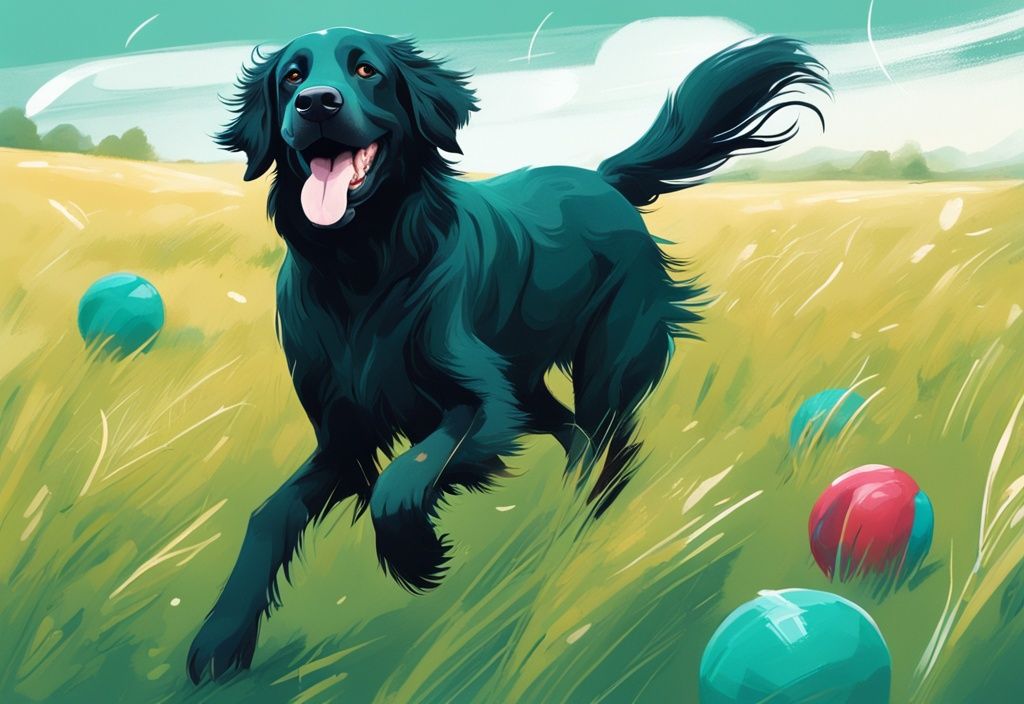 Verspielter Flat-Coated-Retriever tollt durch ein Feld mit verstreutem Spielzeug, moderne digitale Malerei in Türkis.