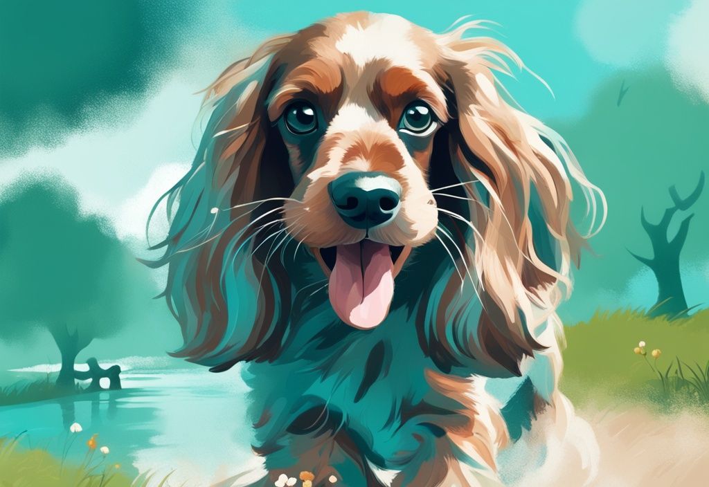 Ein moderner digitaler Gemäldeillustration mit einem Zwerg-Cocker-Spaniel, der verspielt im Park tollt, sein Fell leuchtet hell im Sonnenlicht, Hauptfarbthema ist Türkis.