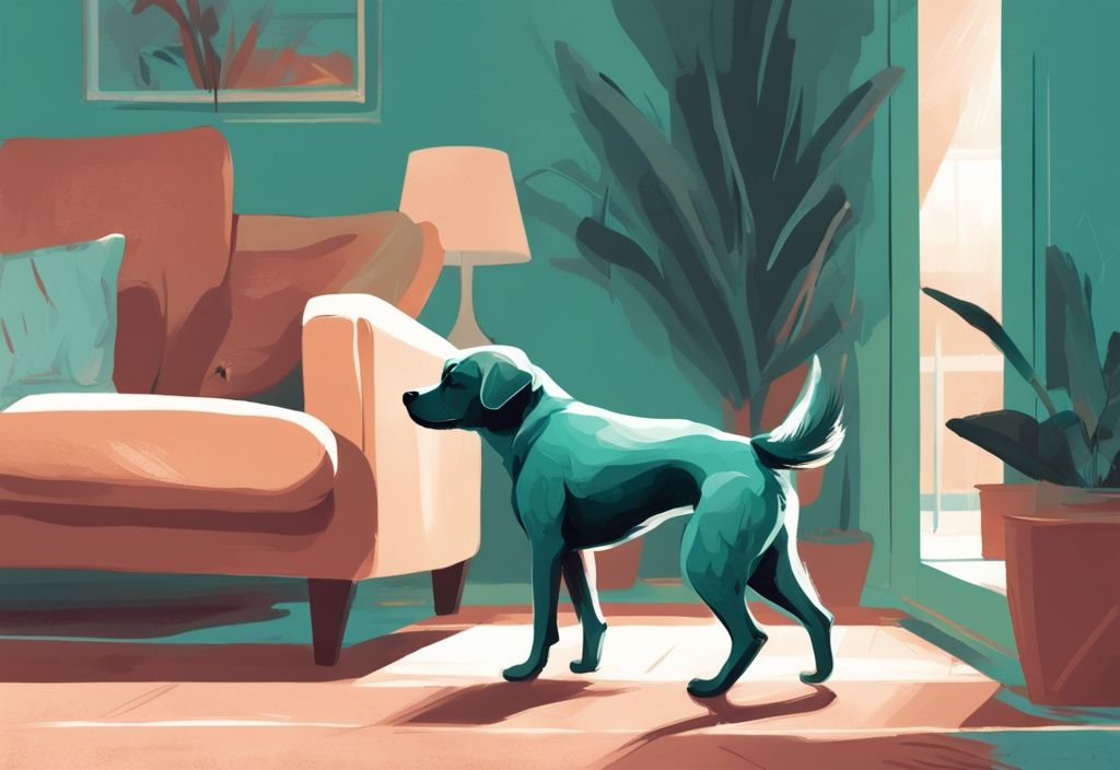 Verspielter Hund in moderner digitaler Illustration, Hauptfarbe Teal, streckt sich in vertrauter Innenumgebung vor einer Person.