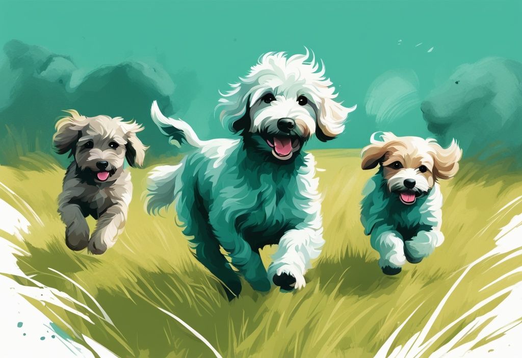 Verspielter Labradoodle-Welpe in einem grünen Feld, umgeben von kleinen Hunderassen, digitale Illustration mit Teal-Farbschema.